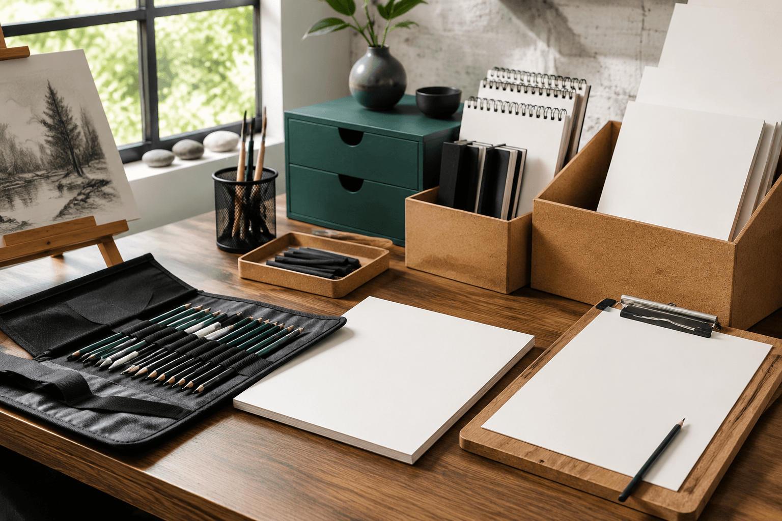 A tidy natural-light sketching desk with neutral organizers and blank paper